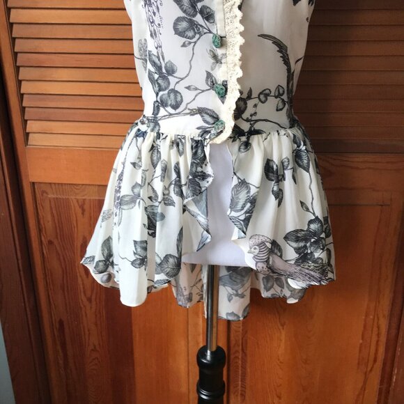 Lip Service Mecanique Menagerie Gothic Victorian Ivory & Green Chiffon Blouse M - Picture 5 of 11